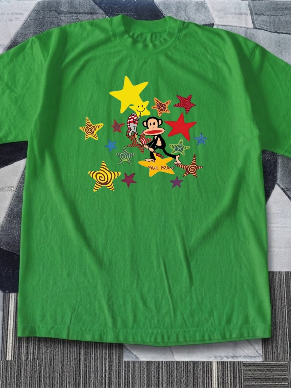 Gildan Paul Frank Green Short Sleeve Tee with Colorful Star & Monkey Graphic